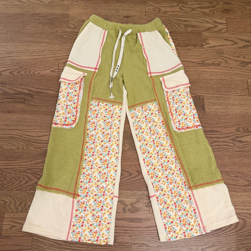 SOLD POL Patchwork Wide Leg Pants in Lime Green